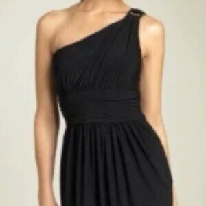 Maggie London One-Shoulder Midi Sheath Black Dress, size 16